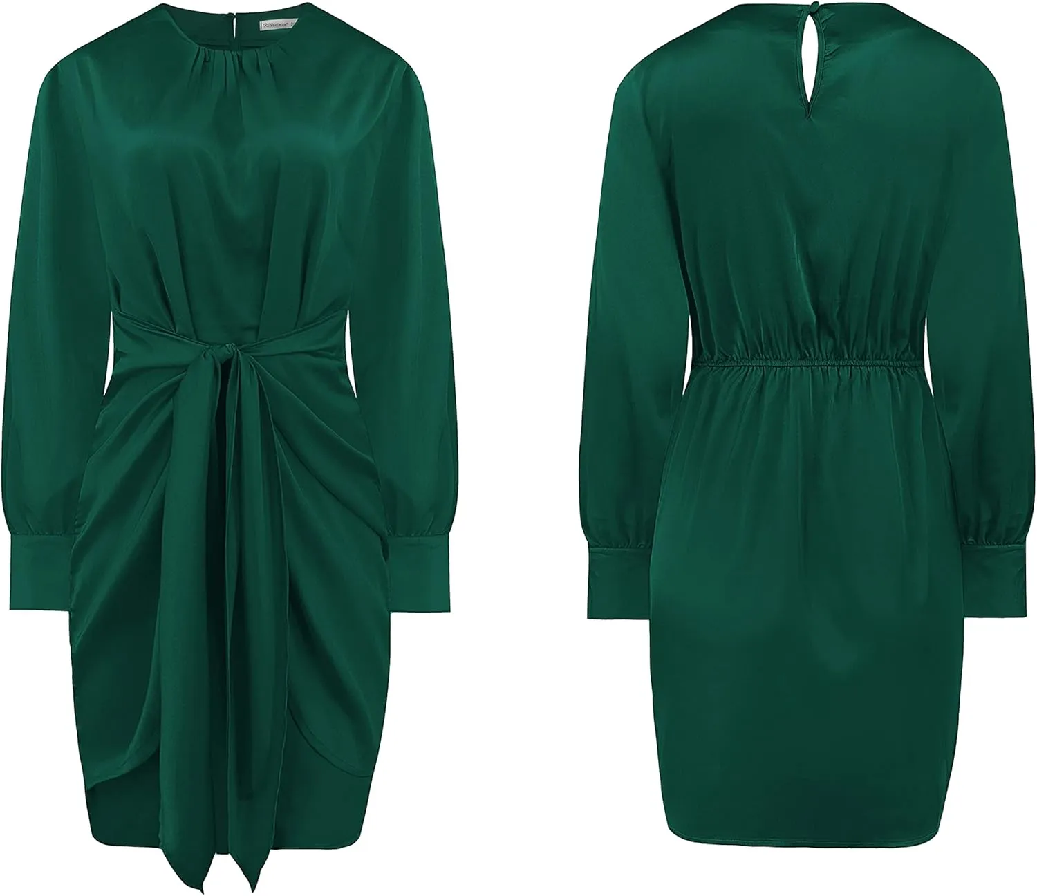 R.Vivimos Women's Satin Dress Long Sleeve Casual Wrap Ruched Tie Waist Party Mini Dress