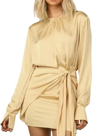 R.Vivimos Women's Satin Dress Long Sleeve Casual Wrap Ruched Tie Waist Party Mini Dress