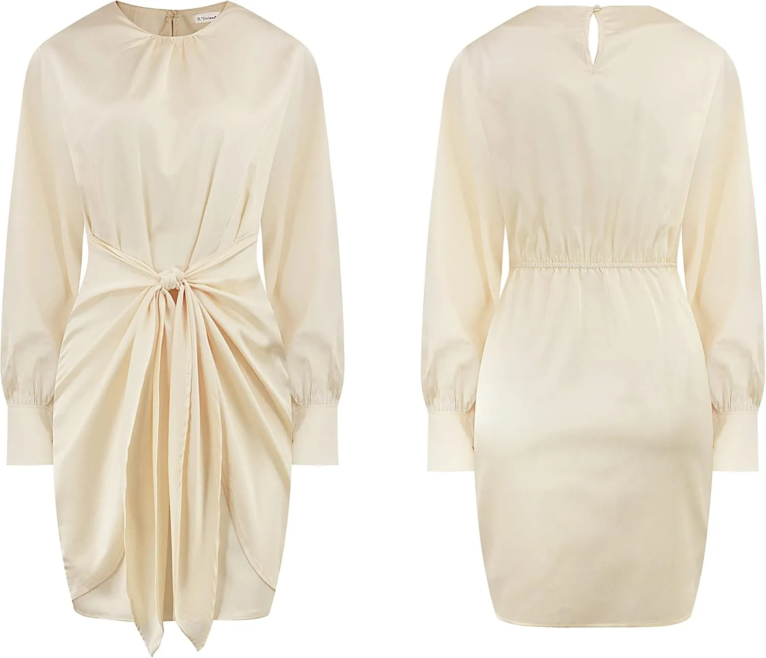 R.Vivimos Women's Satin Dress Long Sleeve Casual Wrap Ruched Tie Waist Party Mini Dress