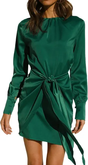 R.Vivimos Women's Satin Dress Long Sleeve Casual Wrap Ruched Tie Waist Party Mini Dress