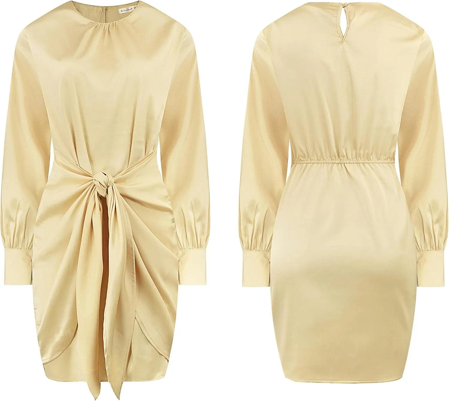 R.Vivimos Women's Satin Dress Long Sleeve Casual Wrap Ruched Tie Waist Party Mini Dress