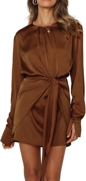 R.Vivimos Women's Satin Dress Long Sleeve Casual Wrap Ruched Tie Waist Party Mini Dress