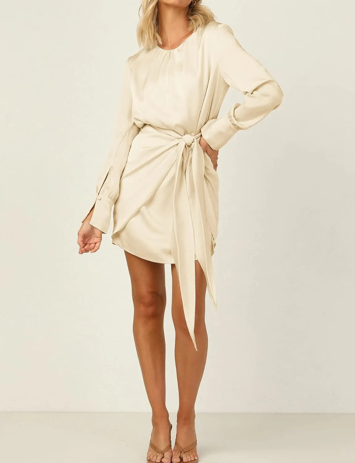 R.Vivimos Women's Satin Dress Long Sleeve Casual Wrap Ruched Tie Waist Party Mini Dress