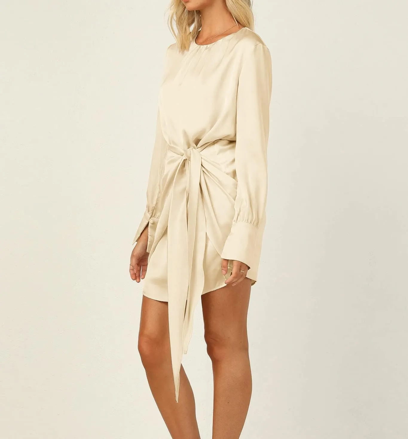 R.Vivimos Women's Satin Dress Long Sleeve Casual Wrap Ruched Tie Waist Party Mini Dress