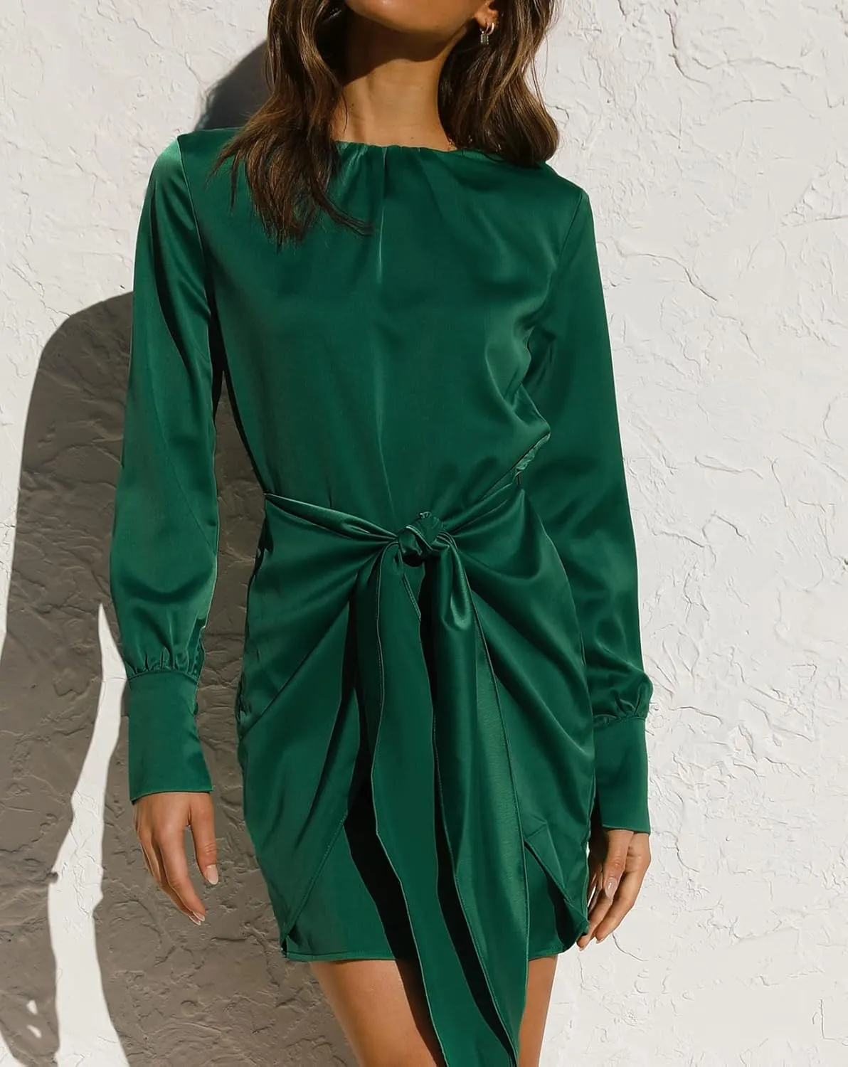 R.Vivimos Women's Satin Dress Long Sleeve Casual Wrap Ruched Tie Waist Party Mini Dress
