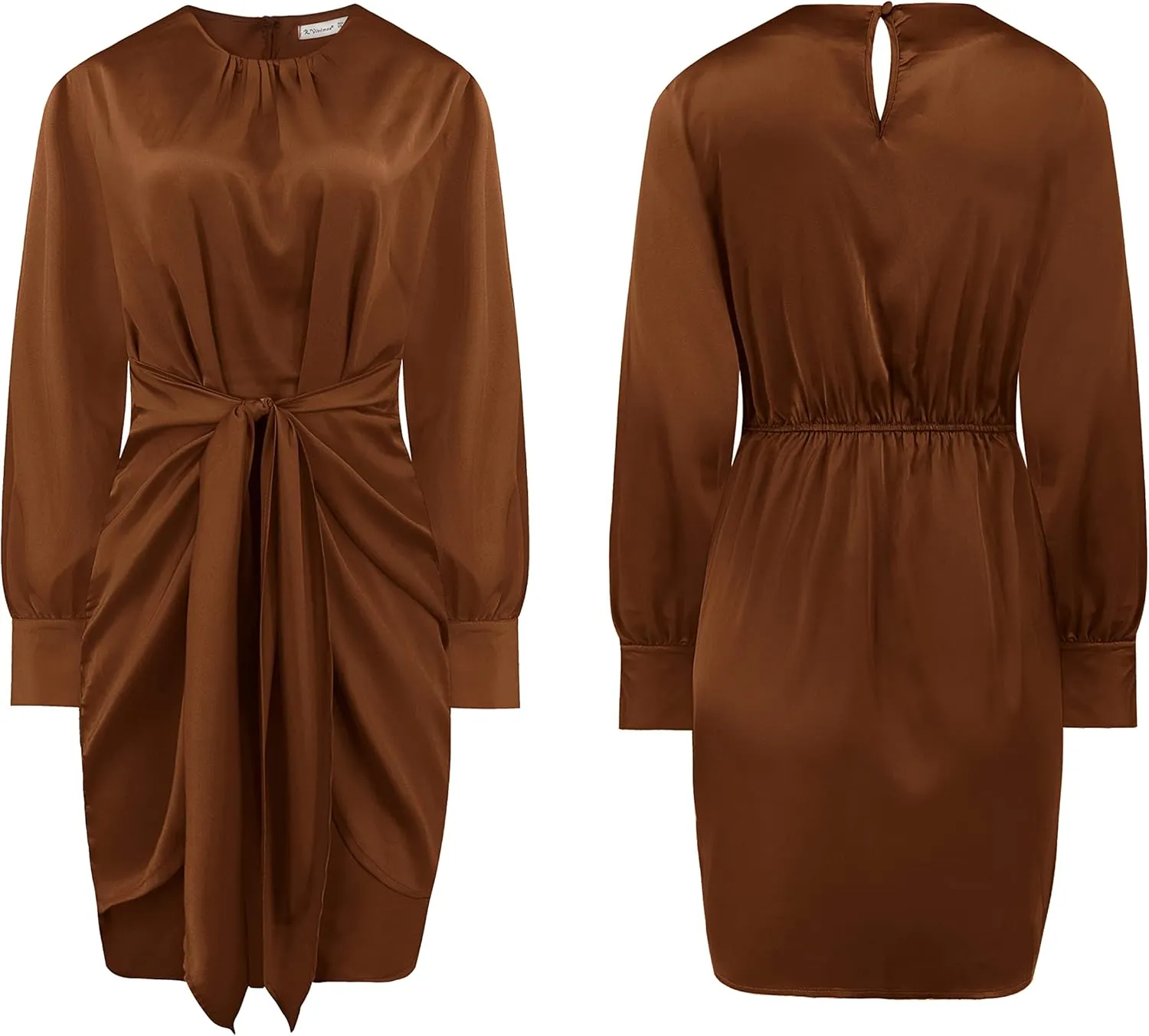 R.Vivimos Women's Satin Dress Long Sleeve Casual Wrap Ruched Tie Waist Party Mini Dress