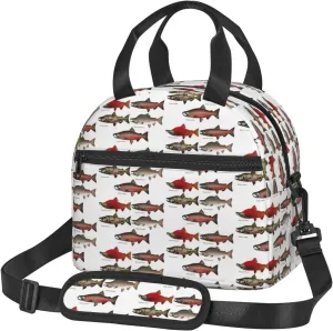 Salmon Print Insulated Lunch Bag Large Capacity Lightweight Handheld Bags Back Zipper Pockets