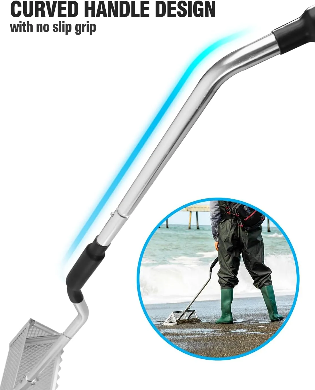 Sand Flea Rake,16-Inches Wide Basket, 52” Long Strong Handle, Sharp Teeth, Curved Handle Design [One Piece Handle Version]