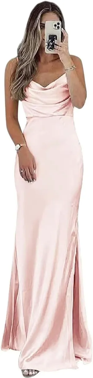 Satin Bridesmaid Dress for Women Spaghetti Straps Slit Prom Dress Formal