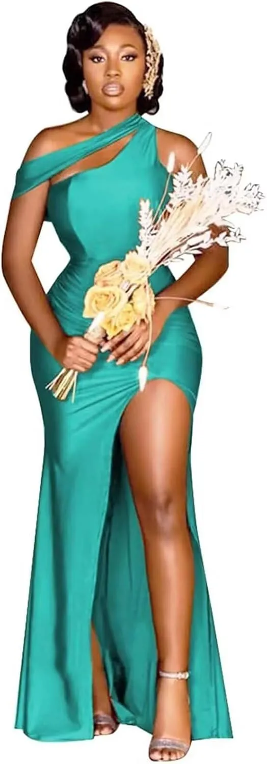 Satin Bridesmaid Dresses for Women Long Mermaid Formal Dresses Ruched One Shoulder Prom Gowns with Slit XB001