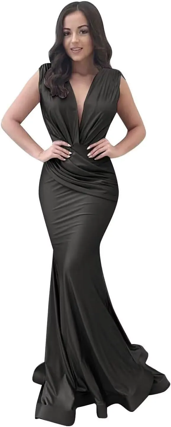 Satin Bridesmaid Dresses for Women V Neck Mermaid Long Pleated Formal Evening Gowns