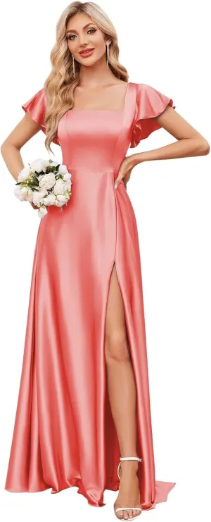 Satin Bridesmaid Dresses with Slit Square Neck Prom Dress Flutter Sleeve A Line Formal Evening Gowns for Women