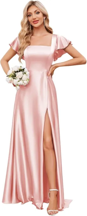 Satin Bridesmaid Dresses with Slit Square Neck Prom Dress Flutter Sleeve A Line Formal Evening Gowns for Women