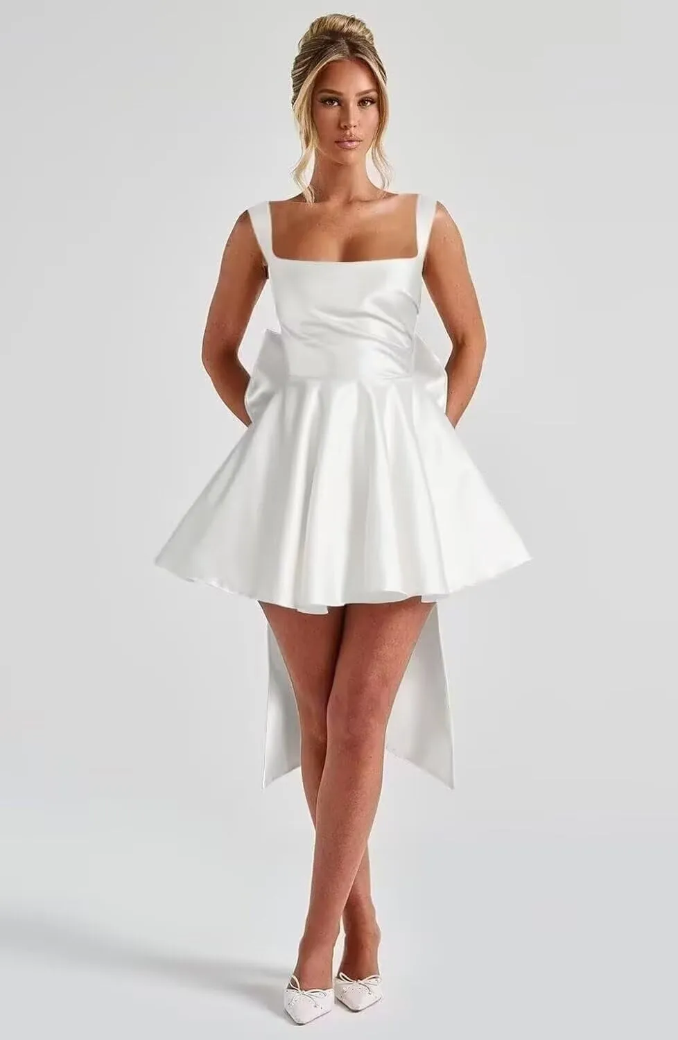 Satin Homecoming Dresses 2025 Short Prom Dress with Bow A Line Formal Cocktail Evening Gown with Pockets
