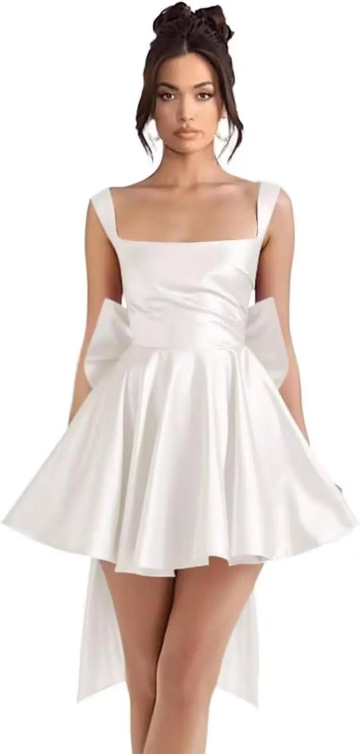 Satin Homecoming Dresses 2025 Short Prom Dress with Bow A Line Formal Cocktail Evening Gown with Pockets