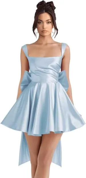 Satin Homecoming Dresses 2025 Short Prom Dress with Bow A Line Formal Cocktail Evening Gown with Pockets