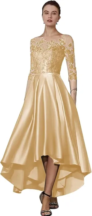 Satin Lace Tea Length Mother of The Bride Dresses for Wedding High Low Lace Appliques Prom Evening Formal Gown