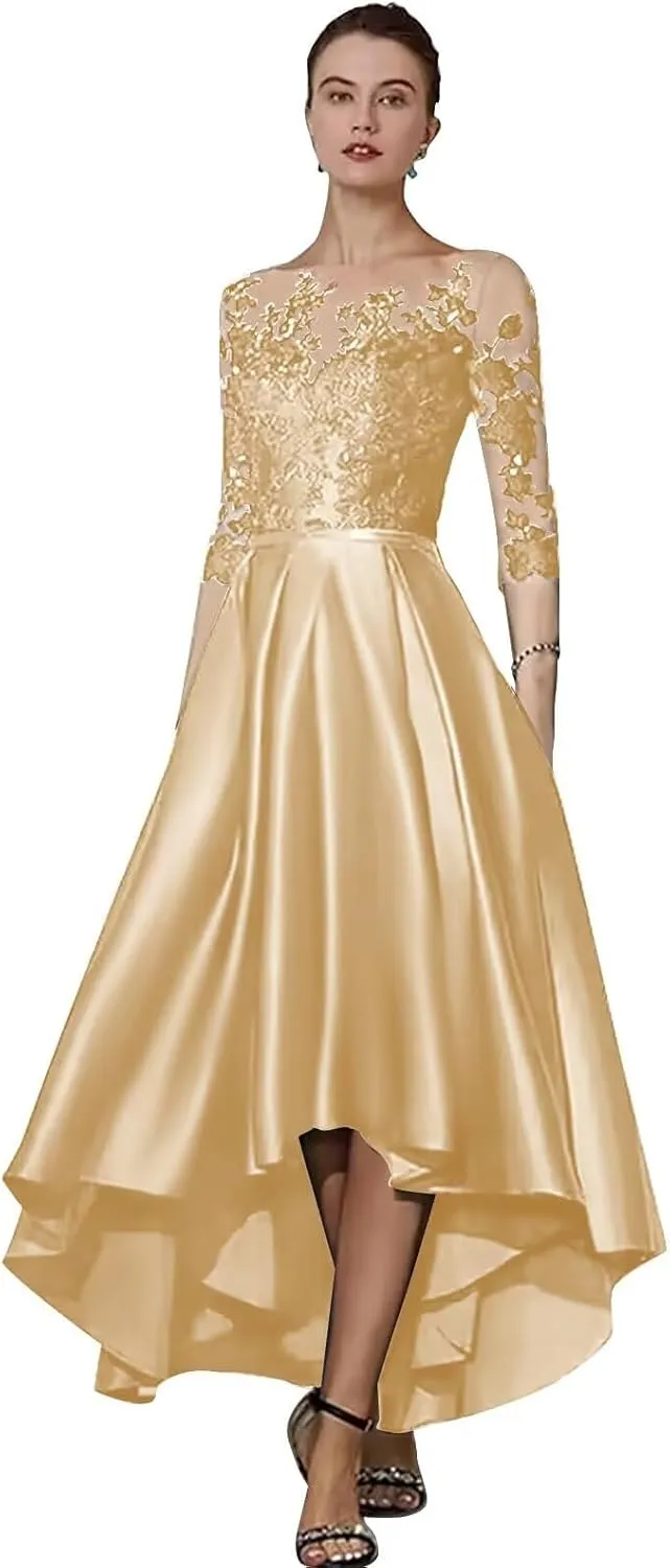 Satin Lace Tea Length Mother of The Bride Dresses for Wedding High Low Lace Appliques Prom Evening Formal Gown