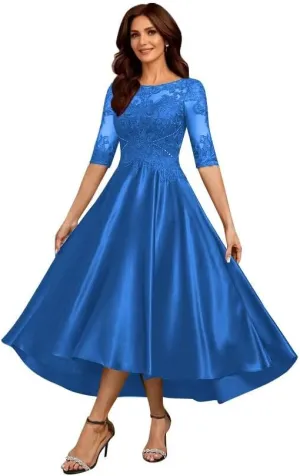 Satin Mother of The Bride Dresses for Wedding 3/4 Sleeves Scoop Neck Formal Evening Gown for Women