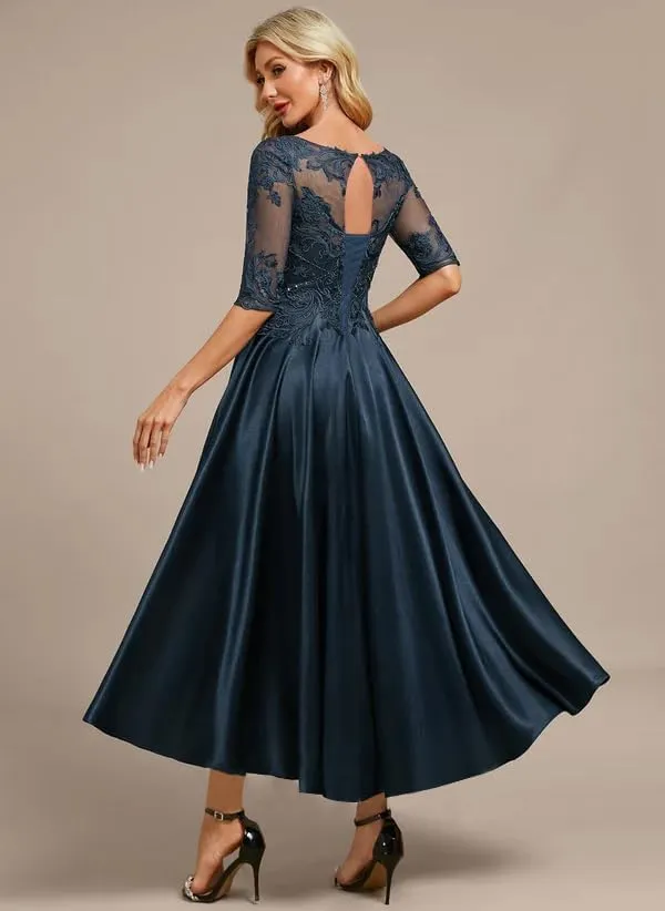 Satin Mother of The Bride Dresses for Wedding 3/4 Sleeves Scoop Neck Formal Evening Gown for Women