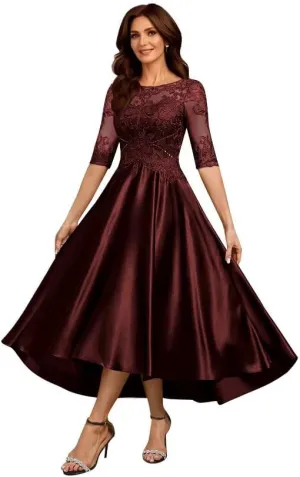 Satin Mother of The Bride Dresses for Wedding 3/4 Sleeves Scoop Neck Formal Evening Gown for Women