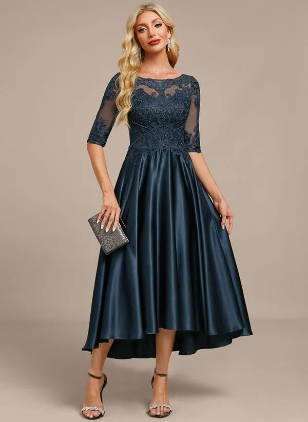 Satin Mother of The Bride Dresses for Wedding 3/4 Sleeves Scoop Neck Formal Evening Gown for Women