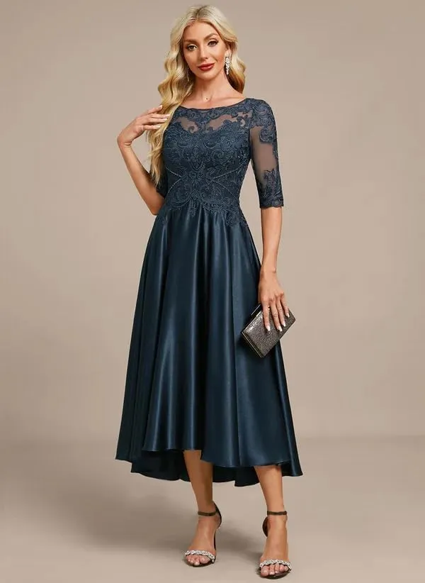 Satin Mother of The Bride Dresses for Wedding 3/4 Sleeves Scoop Neck Formal Evening Gown for Women