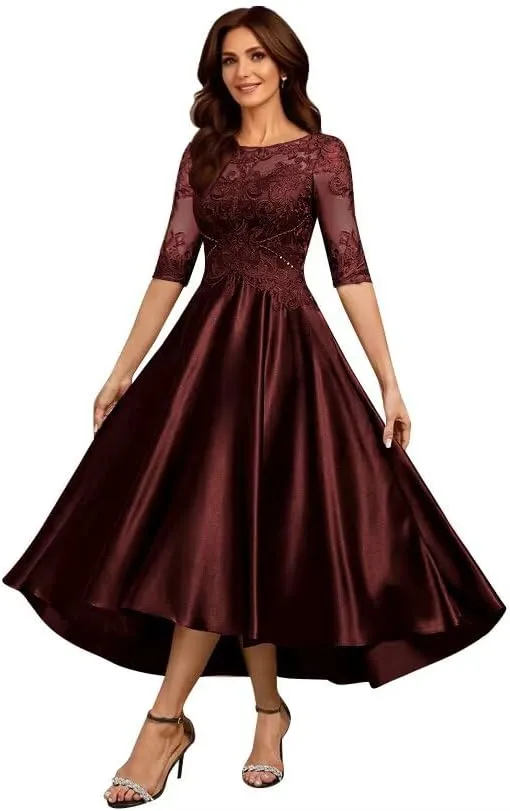 Satin Mother of The Bride Dresses for Wedding 3/4 Sleeves Scoop Neck Formal Evening Gown for Women