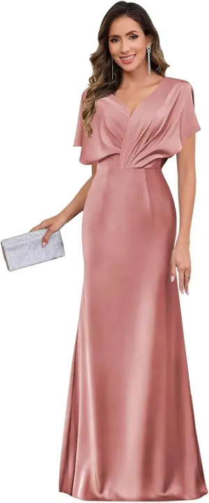 Satin Mother of The Bride Dresses for Women V-Neck Flutter Sleeve Formal Wedding Guest Dress