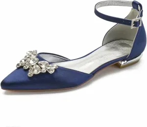 Satin Rhinestones Wedding Flats Shoes for Bride Pointed Toe Prom Evening Bridal Party Dress Flats Women 5047-63