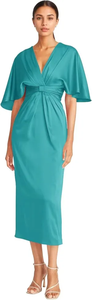 Satin V Neck Mother of The Groom Dresses for Women Tea Length Ruched Waist Formal Dress