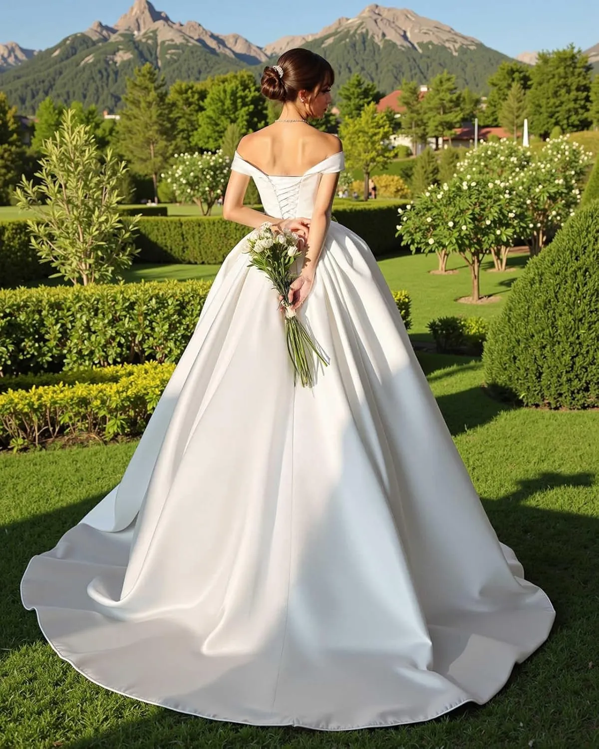 Satin Wedding Dress Long Off Shoulder Bridal Gowns with Train