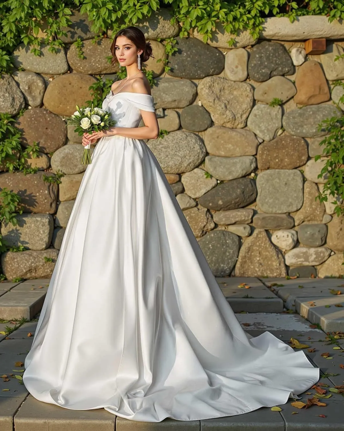 Satin Wedding Dress Long Off Shoulder Bridal Gowns with Train