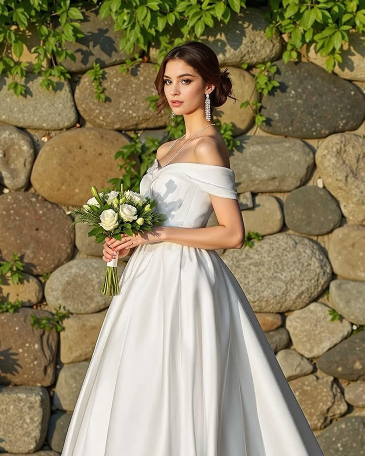 Satin Wedding Dress Long Off Shoulder Bridal Gowns with Train