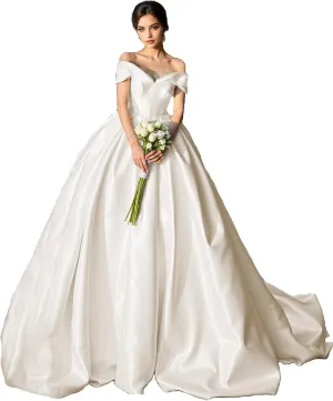 Satin Wedding Dress Long Off Shoulder Bridal Gowns with Train