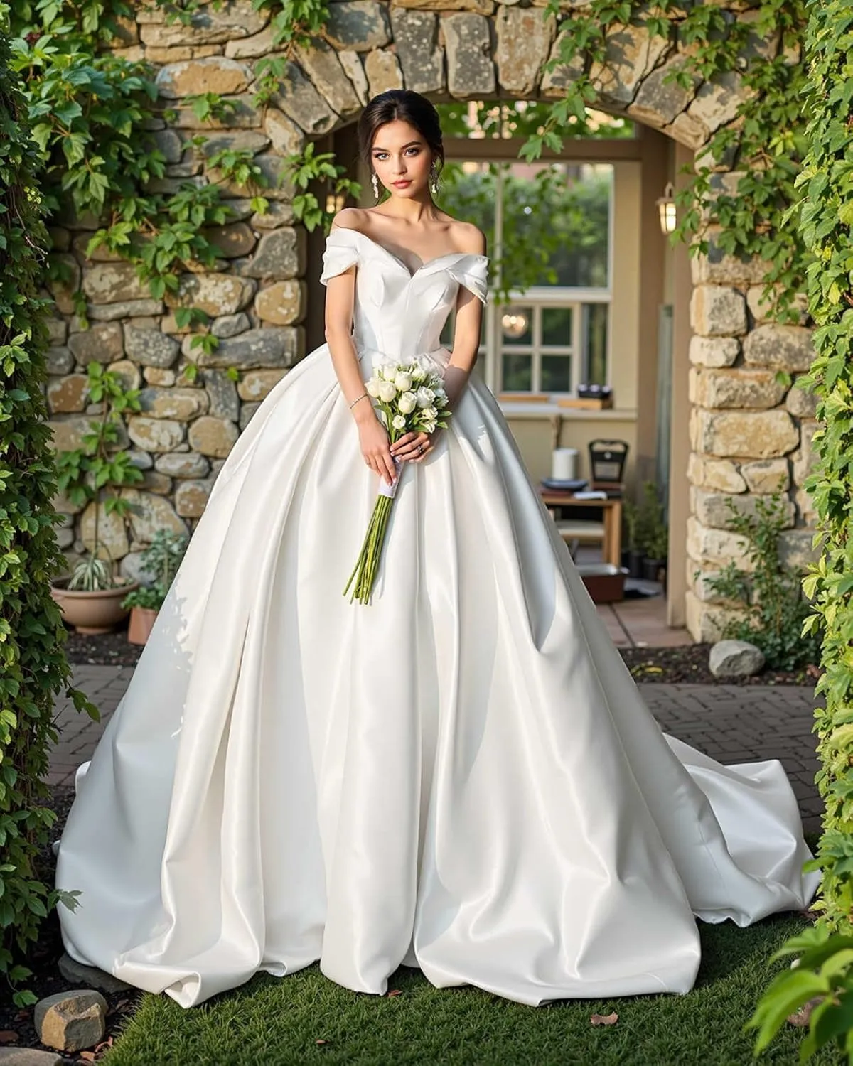 Satin Wedding Dress Long Off Shoulder Bridal Gowns with Train
