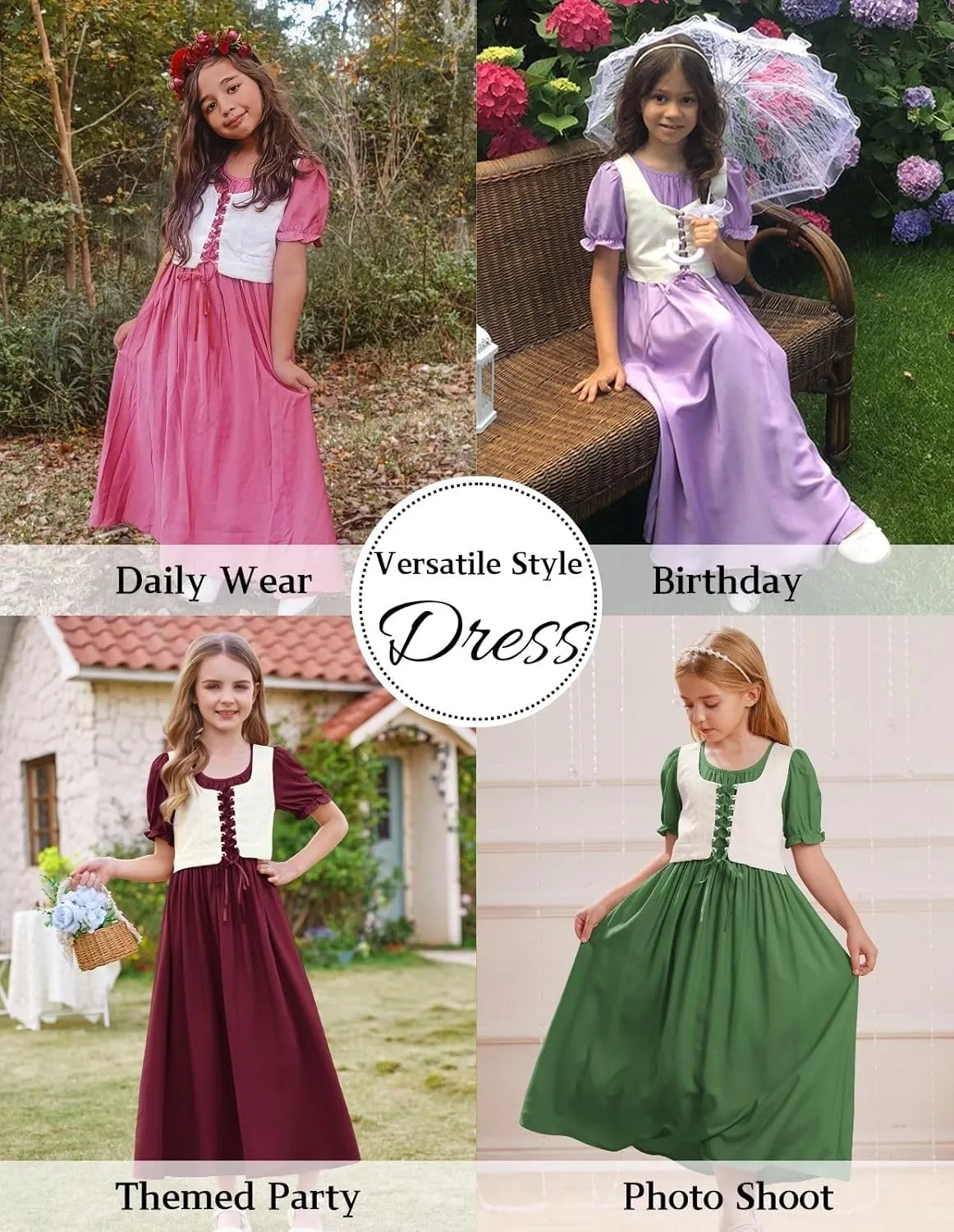 Scarlet Darkness Girl Renaissance Dress Short Puff Sleeve Long Dresses Flower Girl Dress Size 7-14