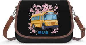School Bus Floral Crossbody Bags for Women Leather Tote Bag Handbag Purse for Work Travel