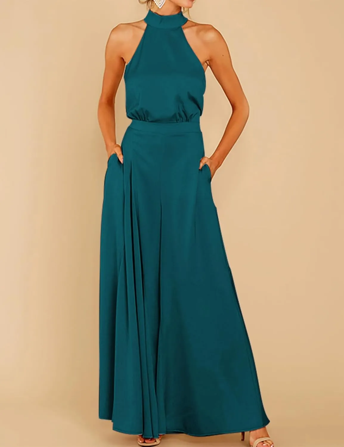 S・DEER Womens Sleeveless Halter Tied Jumpsuit with Pockets High Waist Wide Leg Pants for Women