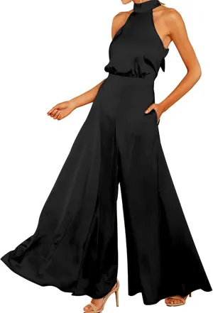 S・DEER Womens Sleeveless Halter Tied Jumpsuit with Pockets High Waist Wide Leg Pants for Women