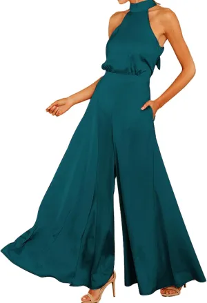 S・DEER Womens Sleeveless Halter Tied Jumpsuit with Pockets High Waist Wide Leg Pants for Women