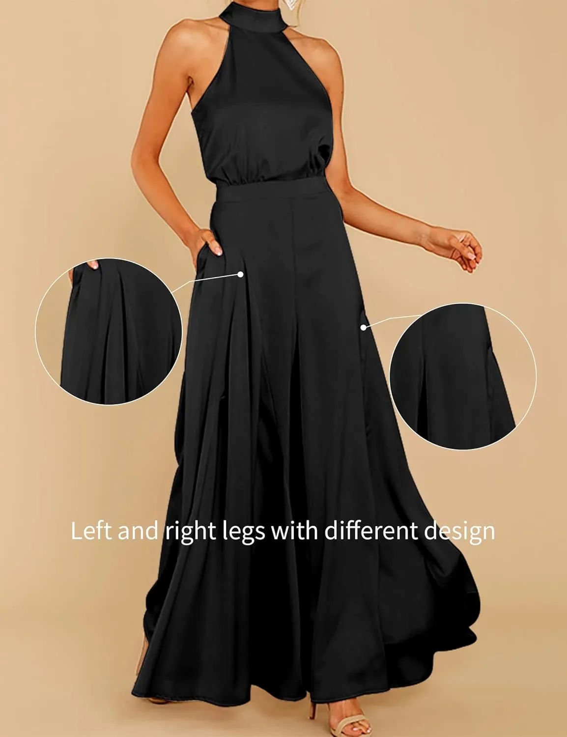 S・DEER Womens Sleeveless Halter Tied Jumpsuit with Pockets High Waist Wide Leg Pants for Women