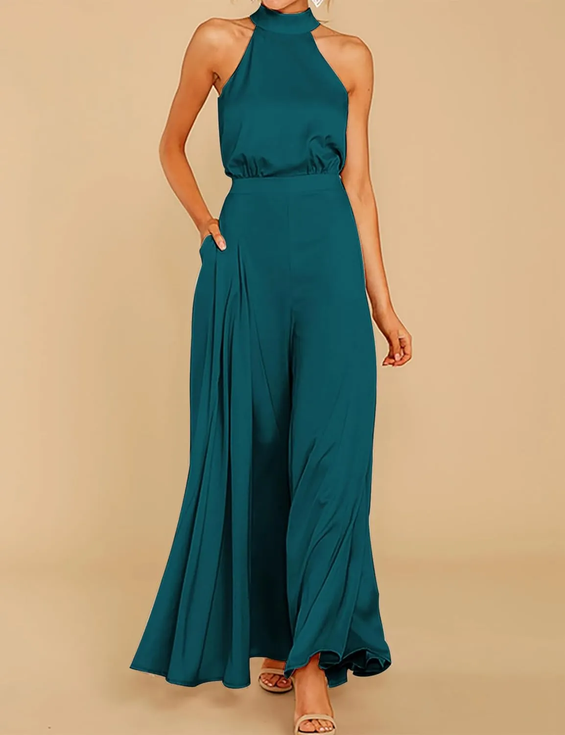 S・DEER Womens Sleeveless Halter Tied Jumpsuit with Pockets High Waist Wide Leg Pants for Women