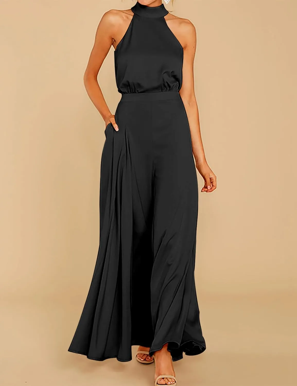 S・DEER Womens Sleeveless Halter Tied Jumpsuit with Pockets High Waist Wide Leg Pants for Women