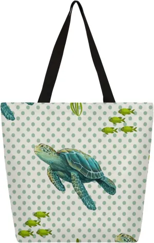 Sea Turtle Seaweed Dots Large Capacity Canvas Tote Bag Stylish Handheld Shoulder Bag Reusable Shopping Bag for Work Travel Beach Trips Shopping