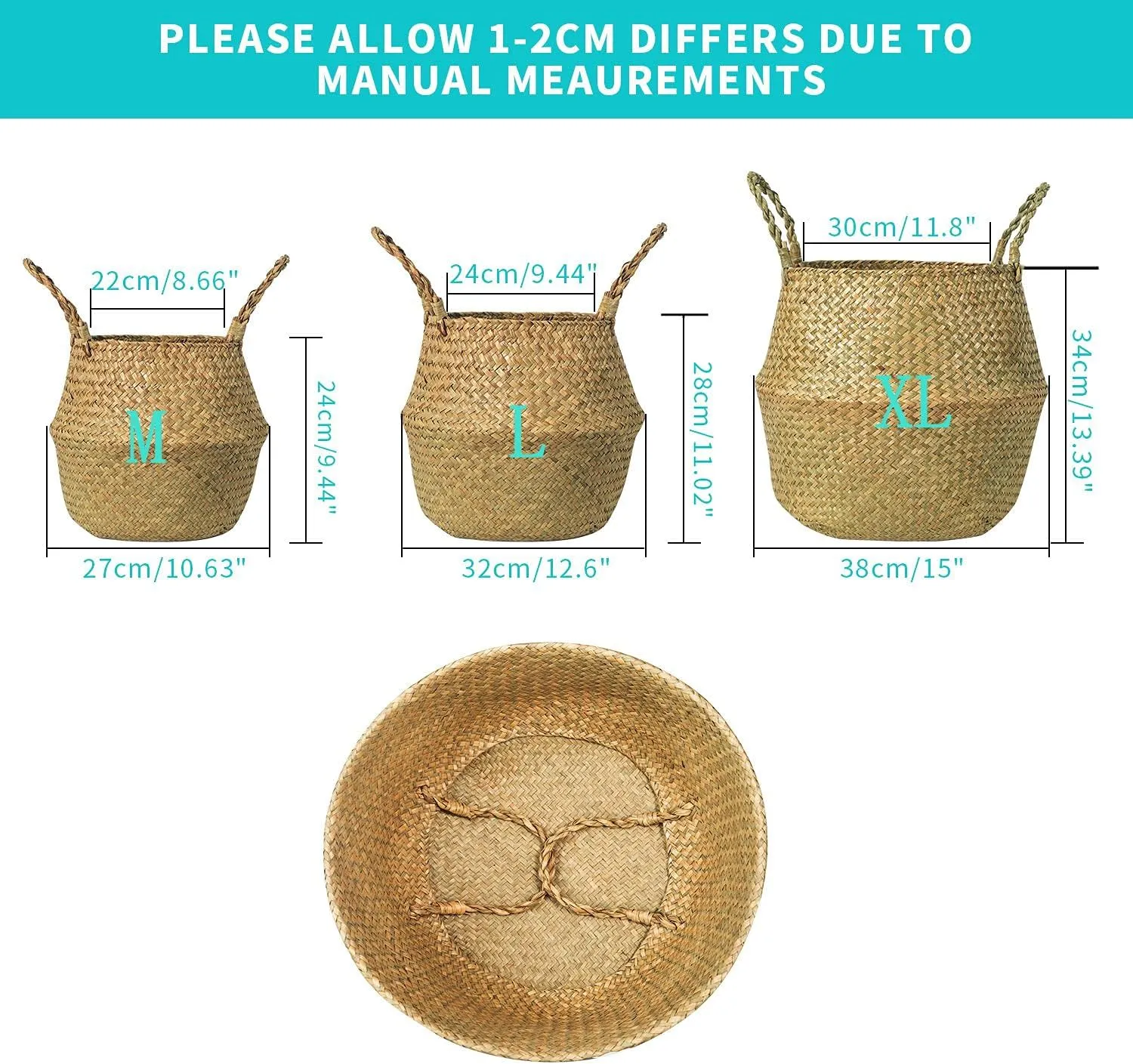 Seagrass Belly Basket, Set of 2 Woven Plant Pot Holder handmade Home Decor for Storage Plants Picnic Grocery Medium(10.63 x 9.44 inch)
