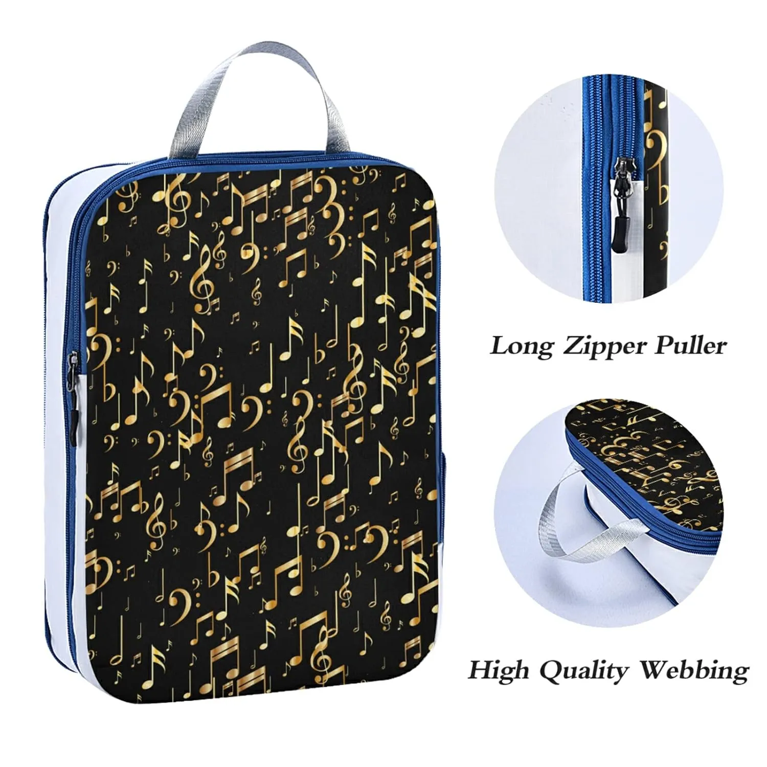 Seamless Concert Gold Music Notes and Signs on Black 3 Piece set Cubes Expandable Adjustable Luggage Packing Bags, Ultralight Organizer Accessories Travel Suitcase Compressible Bags