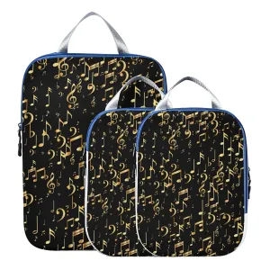 Seamless Concert Gold Music Notes and Signs on Black 3 Piece set Cubes Expandable Adjustable Luggage Packing Bags, Ultralight Organizer Accessories Travel Suitcase Compressible Bags