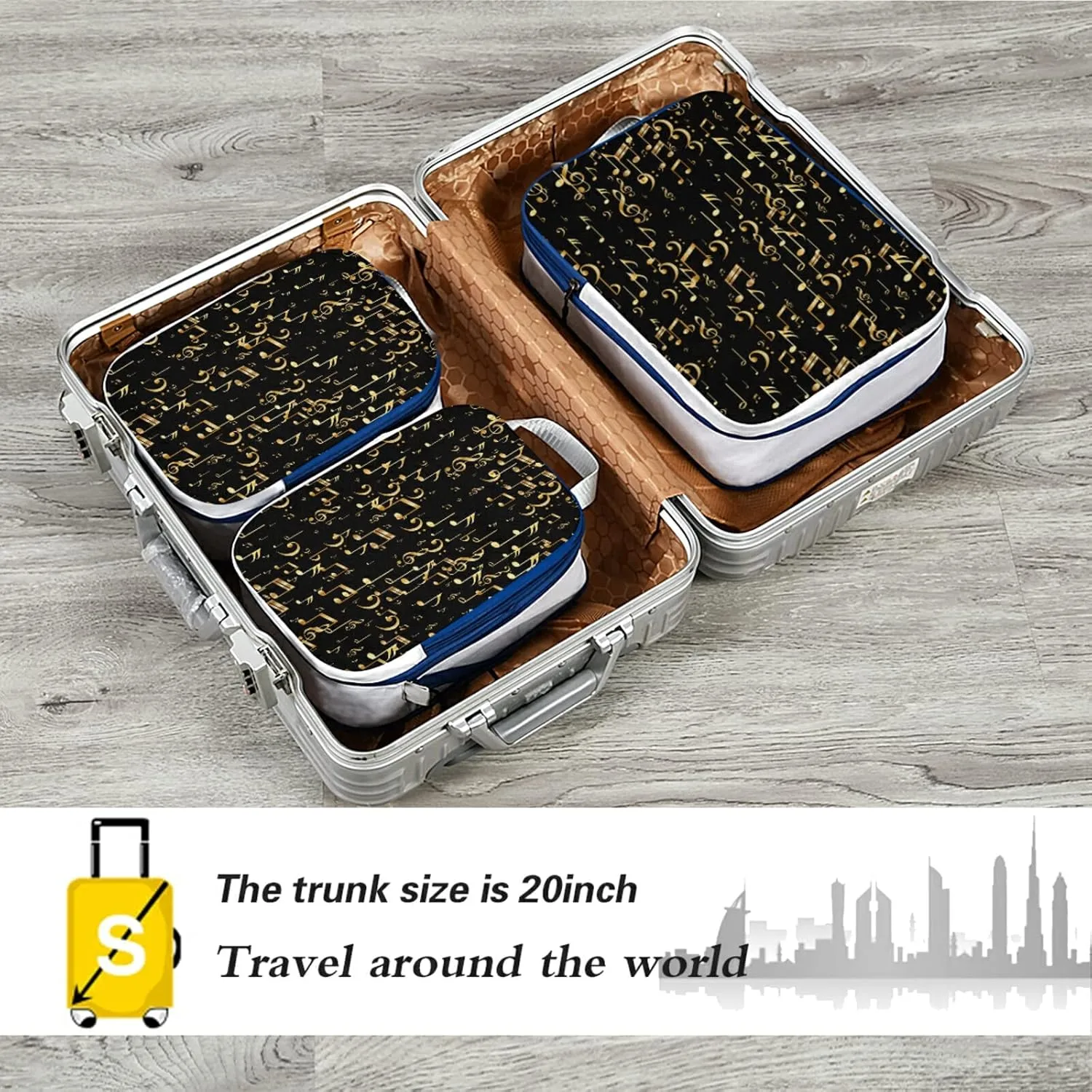 Seamless Concert Gold Music Notes and Signs on Black 3 Piece set Cubes Expandable Adjustable Luggage Packing Bags, Ultralight Organizer Accessories Travel Suitcase Compressible Bags