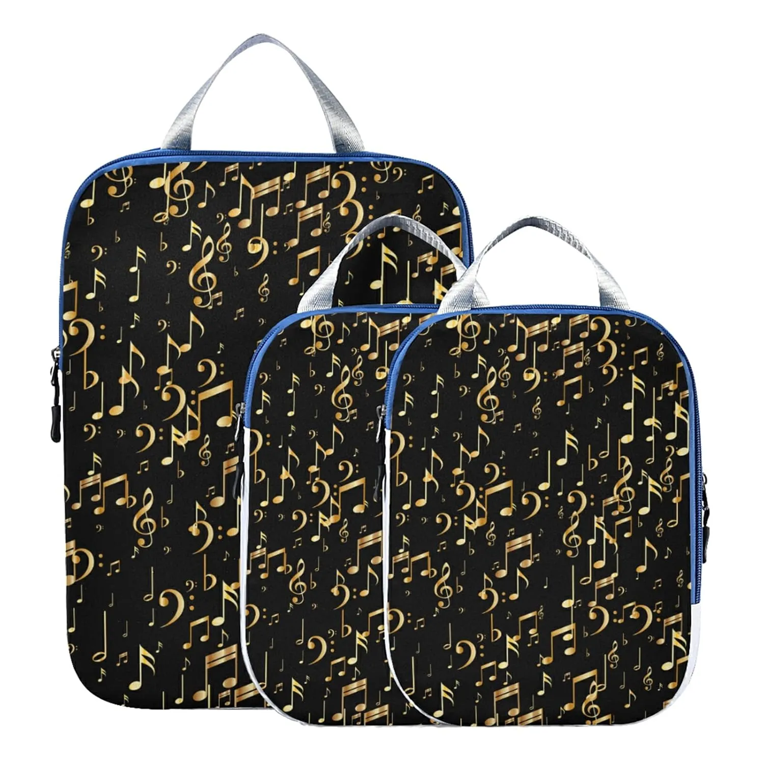 Seamless Concert Gold Music Notes and Signs on Black 3 Piece set Cubes Expandable Adjustable Luggage Packing Bags, Ultralight Organizer Accessories Travel Suitcase Compressible Bags
